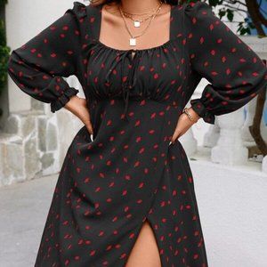 SHEIN Frenchy Plus Strawberry Print Knot Front Split Thigh Dress